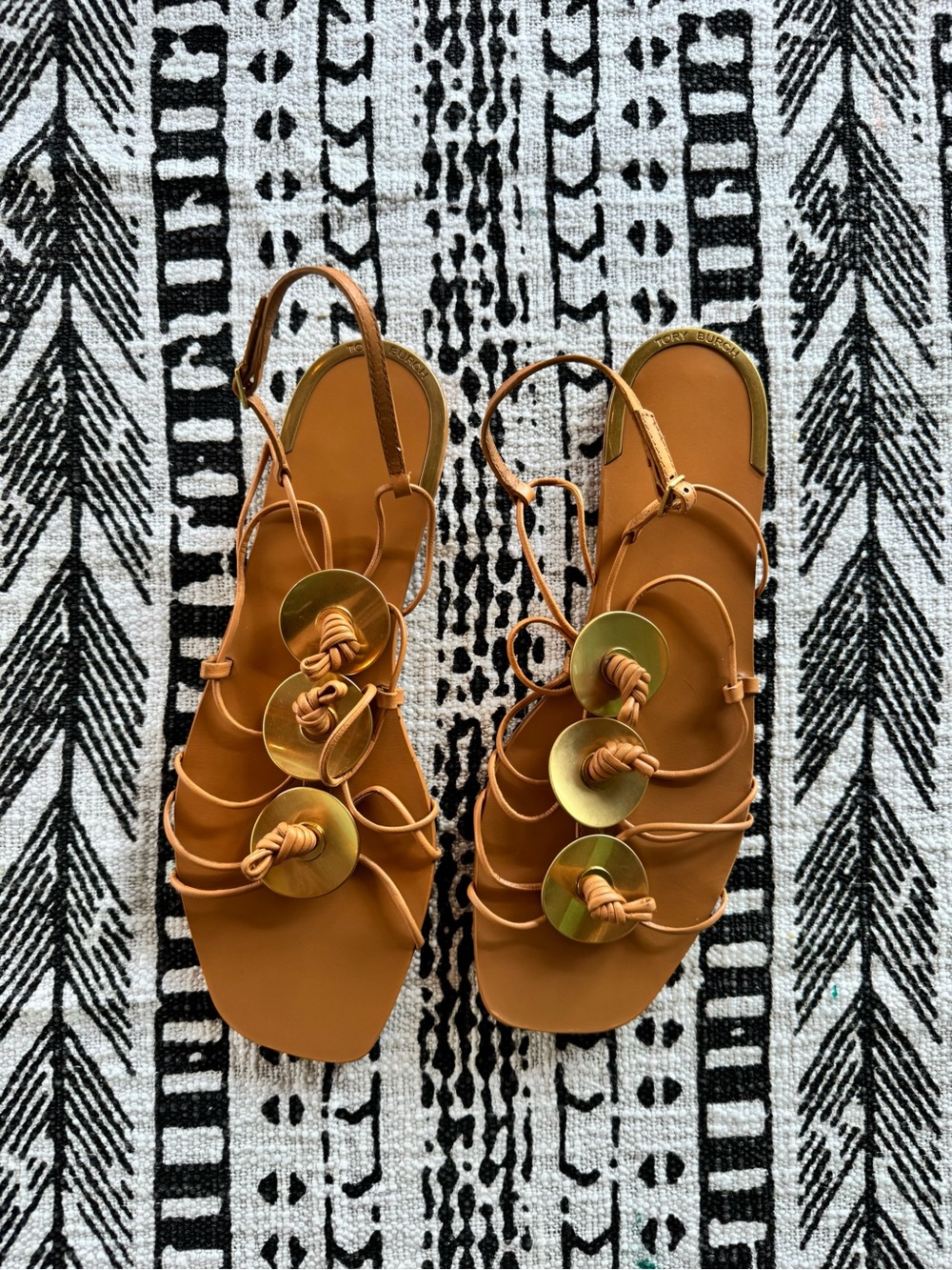 Tory Burch Elba Camello Leather Strappy Sandals with Gold Disc Accents